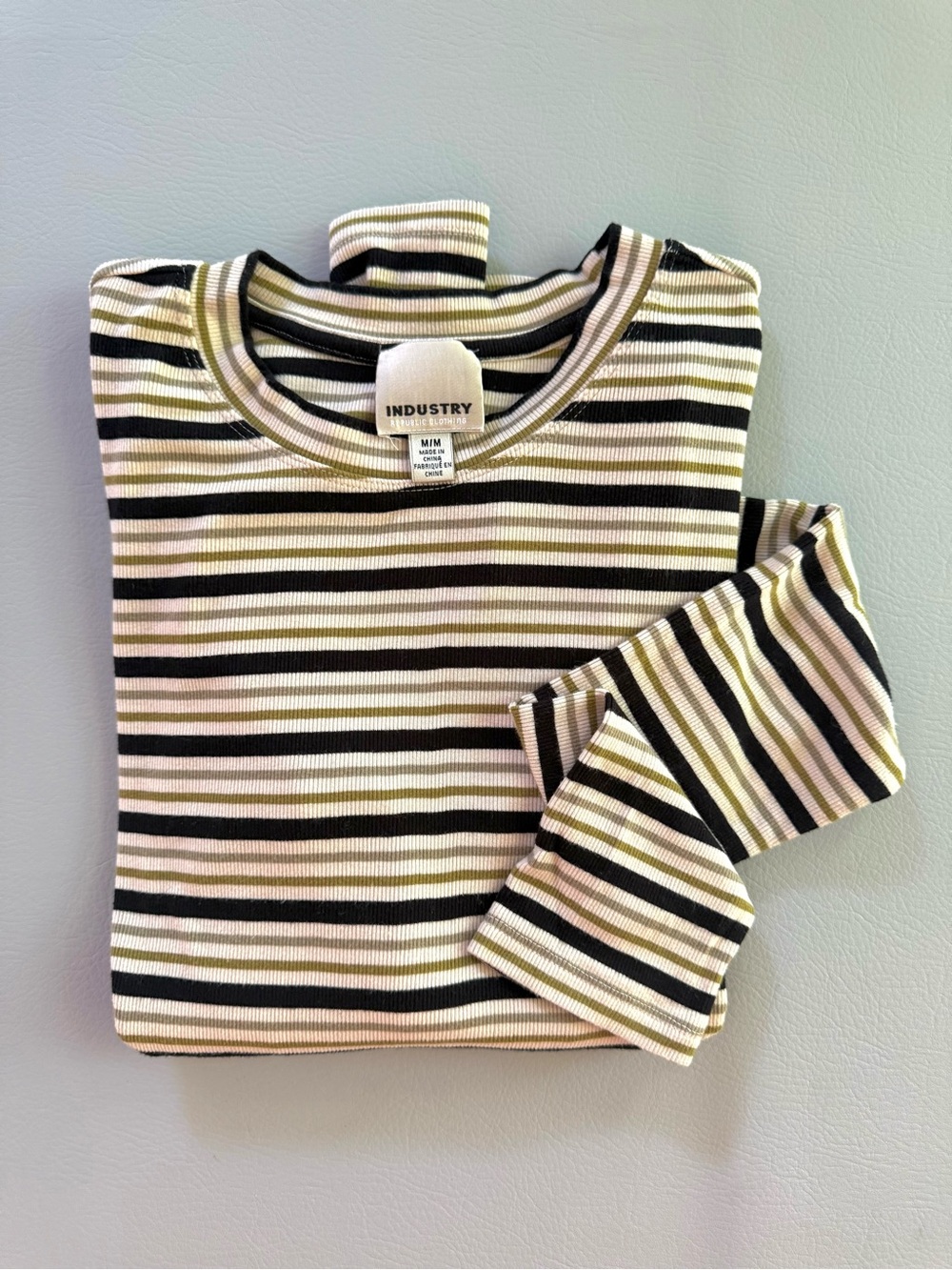 INDUSTRY Republic Clothing Ribbed Long Sleeve Striped Top Black Cream - Medium